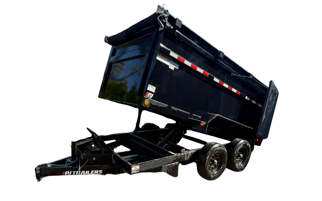 14-foot hydraulic dump trailer for hauling debris, gravel, and construction waste – available for rent from Roadside Trailer Rentals in Portland, Oregon.